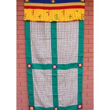 Check Pattern Bhutanese Fabric Door Curtain With Green Velvet Border   323110947570